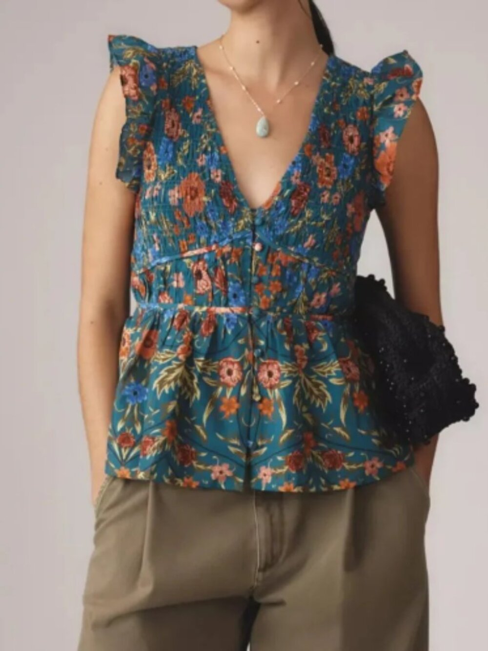 Anthropologie Teal Floral Ruffled Sleeve Peplum Blouse